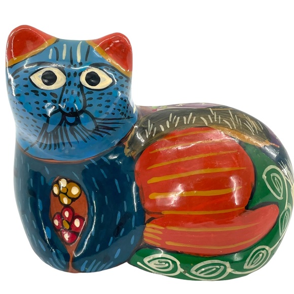 Mexican Tonala Sitting Cat in Bold Blue & Orange w/Desert Landscape 4.5" Tall - Picture 1 of 12